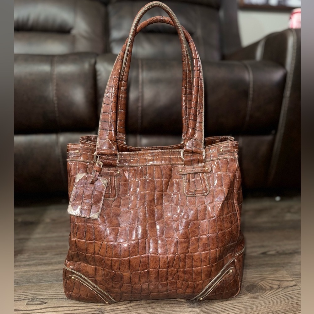 Vintage Liz Claiborne Faux Croc Tote Brown Y2K Shoulder Bag